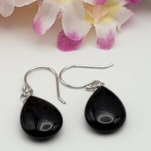 ATI 925 Sterling Silver Black Onyx Teardrop Earrings 18x12mm French Wire